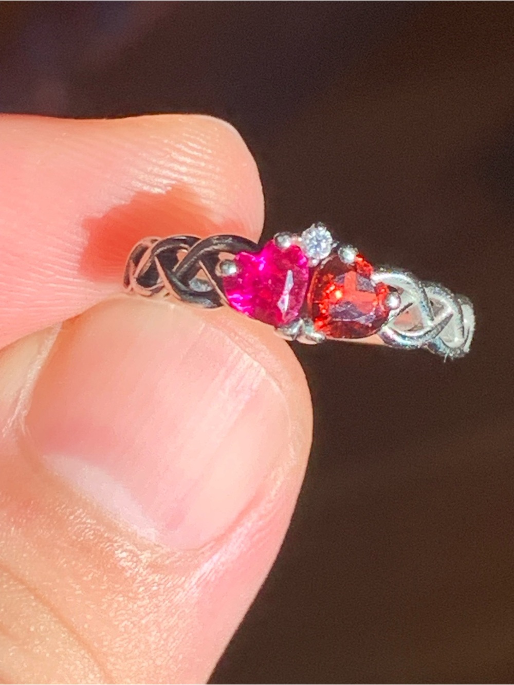 14k gold Ruby and Garnet heart shaped and Diamond ring